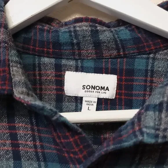 Sonoma Flannel Shirt Size Large Plaid Button Down Long Sleeve 100% Cotton Blue​ - Picture 4 of 6